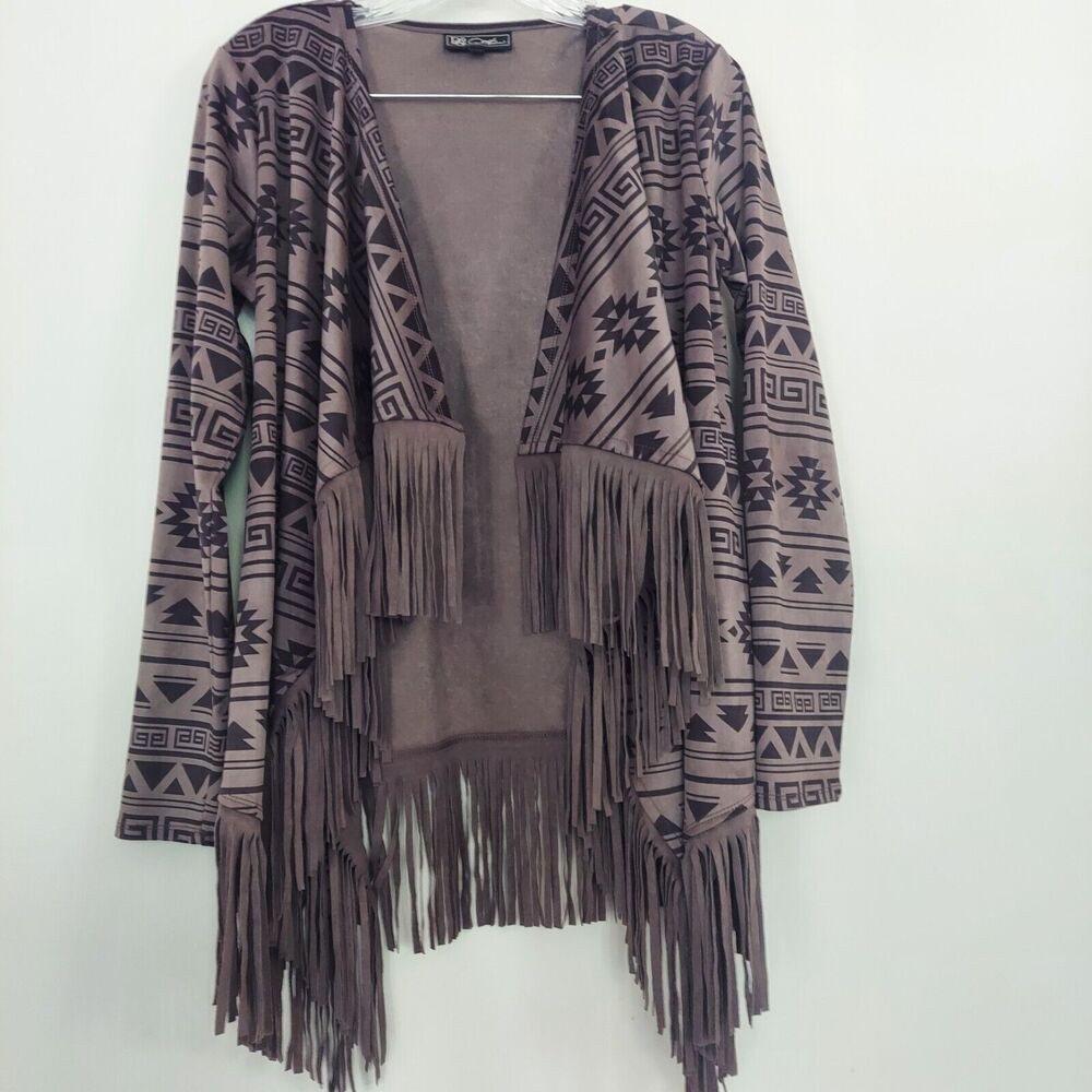 DG2 Faux Suede Fringe Open Front Jacket Aztec Western Size Small